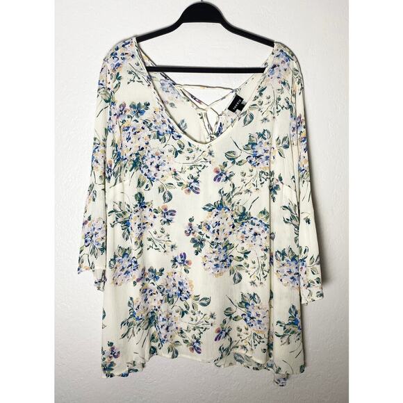 Torrid Women's Cream Floral Print Gauze V Neck Corset Tie Back Gauze Bell Sleeve - Picture 3 of 12